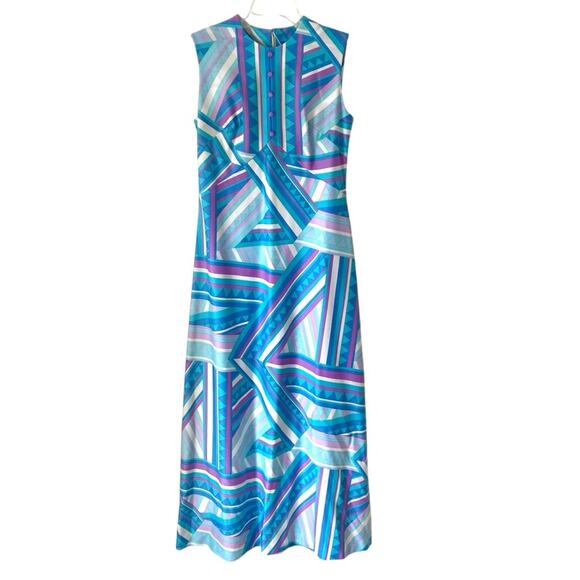 Vintage Handmade Groovy 60s 70s Maxi Dress Blue White size medium - Picture 1 of 6